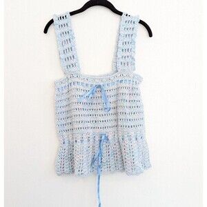 Hand Crochet‎ Top Womens Size M/L Blue Handmade Sleeveless Cottagecore Grandma